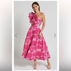 Showpo Alfreda Midi Dress - One Shoulder Ruffle Detail Brailey Jacquard Dress